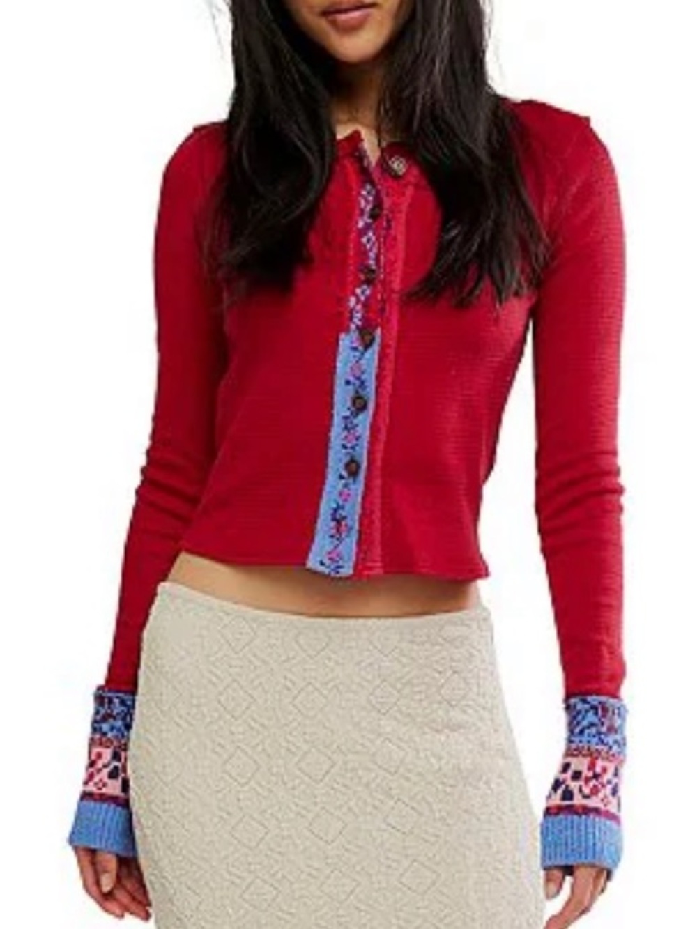 NWT🌷Free People Embroidered Trim Crew Neck Long Sleeve Cardi Top